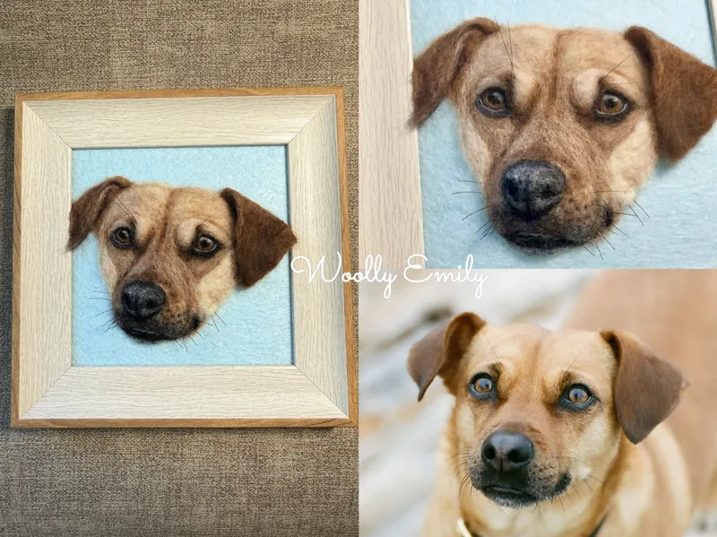 Needle felted tan and brown mixed-breed dog portrait in a light wood frame beside the reference photo