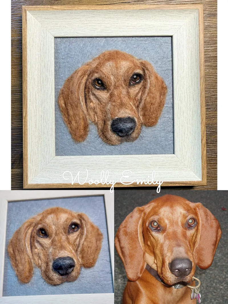 Needle felted golden-brown hound dog portrait in a light wood frame with comparison photos