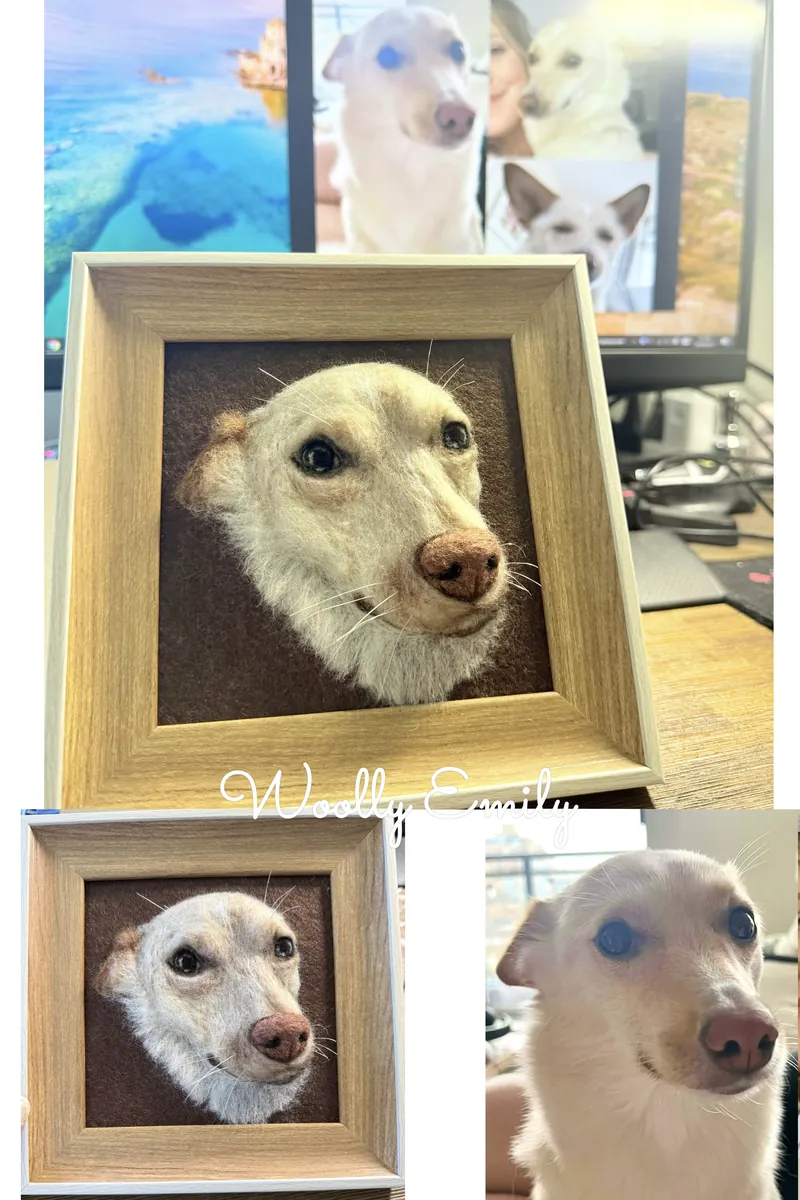 Fluffy long-haired cat needle felted portrait in a wooden frame, tongue out