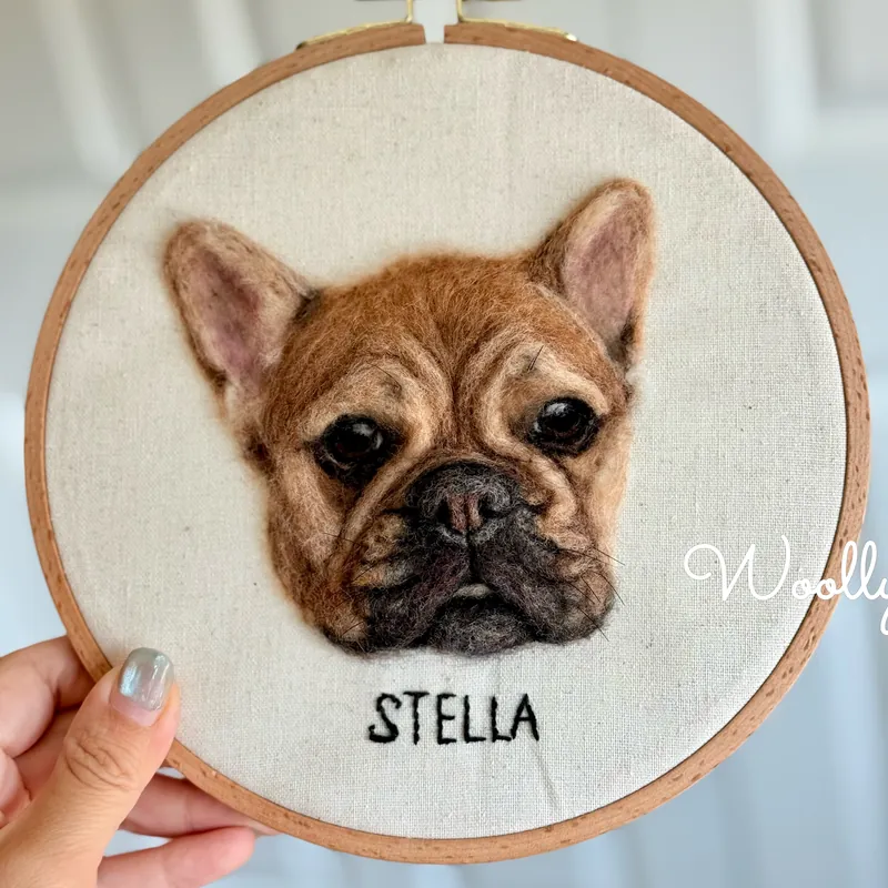 Needle felted French Bulldog portrait named Stella in a wooden embroidery hoop
