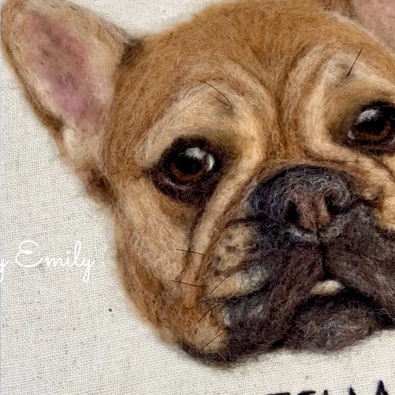 Close-up of the needle felted French Bulldog portrait named Stella, showing wool texture detail