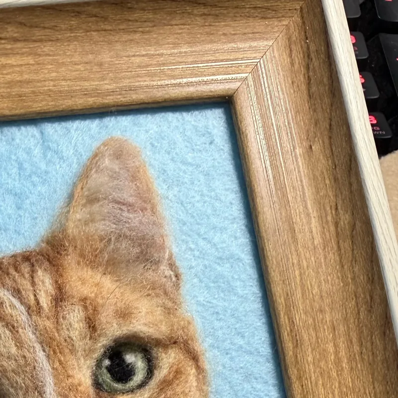 Framed needle felted orange tabby cat portrait beside the live cat