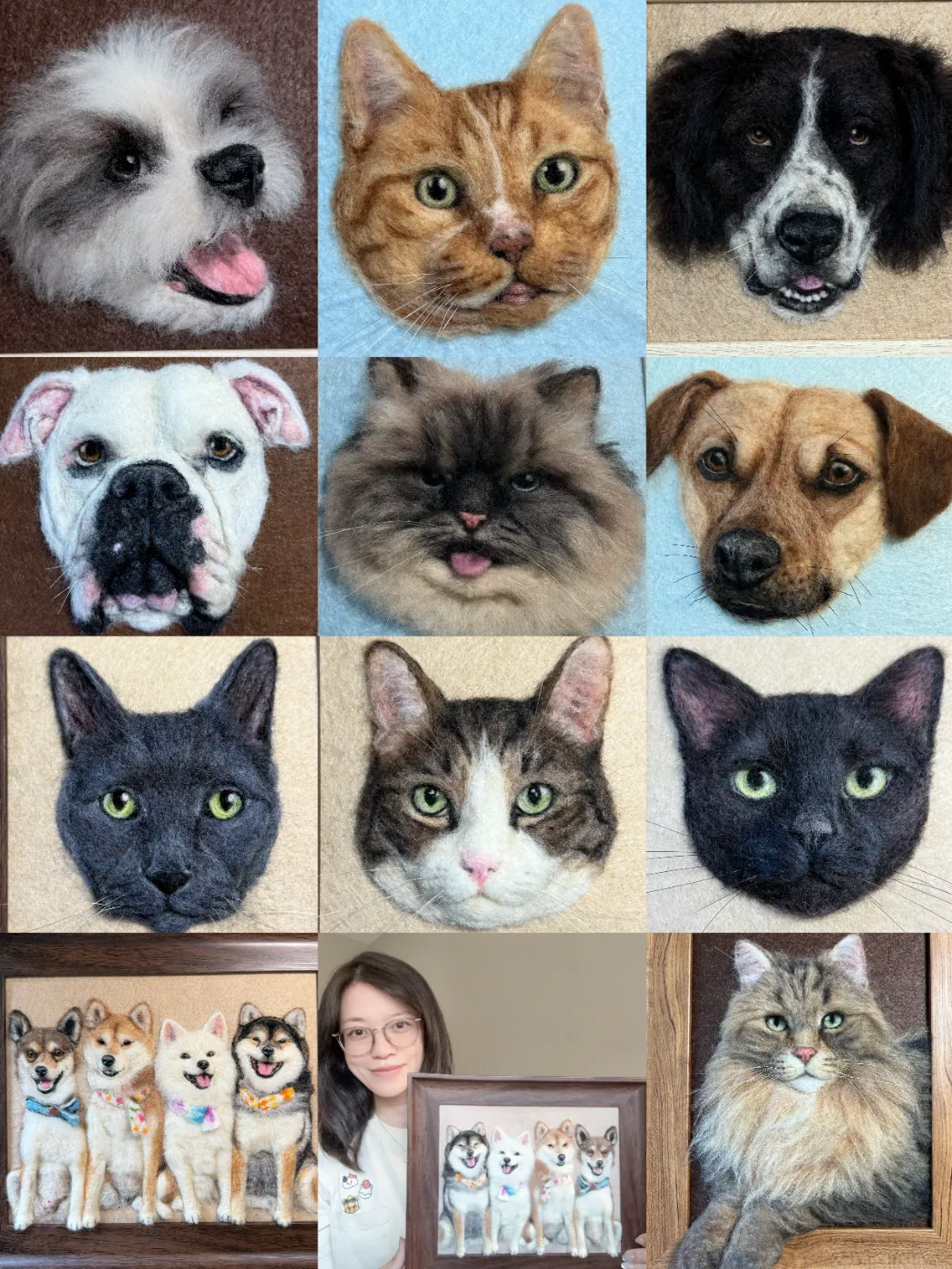A grid of needle felted pet portraits by Woolly Emily — dogs and cats in wool, plus Emily holding a framed group portrait of four shibas