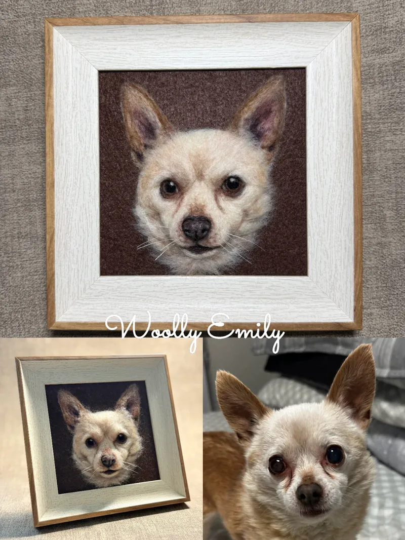 Real 3D needle felted portrait of a cream and grey shih tzu in a wooden frame